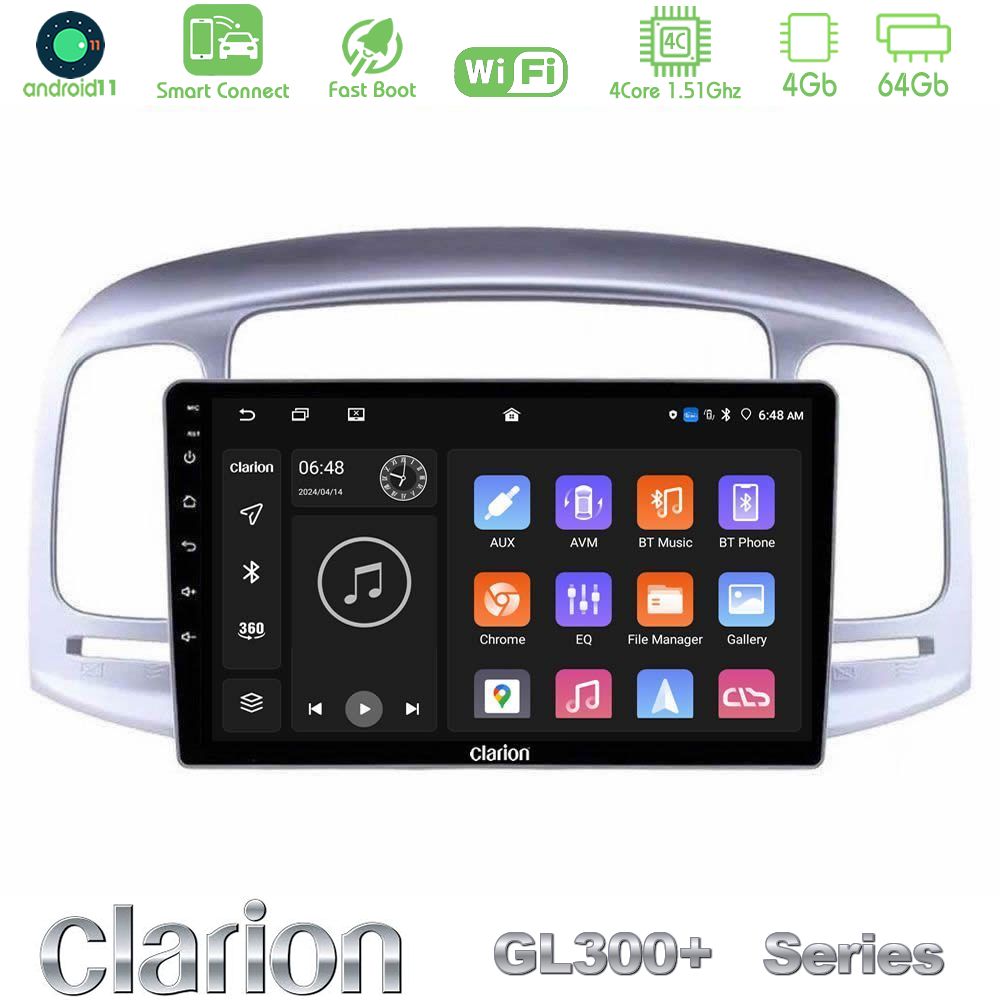 Clarion GL300+ Series 4Core Android11 4+64GB  Hyundai Accent 2006-2011 Navigation Multimedia Tablet 9"