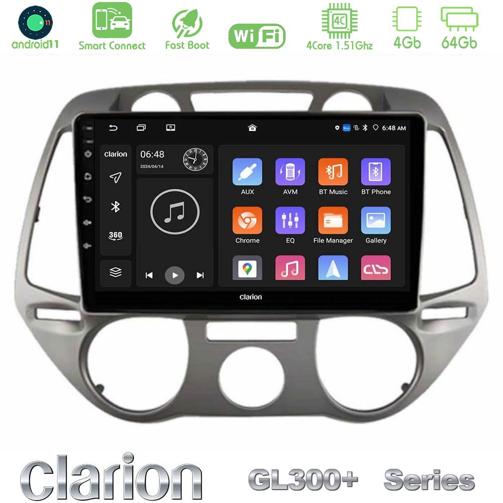 Clarion GL300+ Series 4Core Android11 4+64GB  Hyundai i20 2009-2012 Manual A/C Navigation Multimedia Tablet 9"