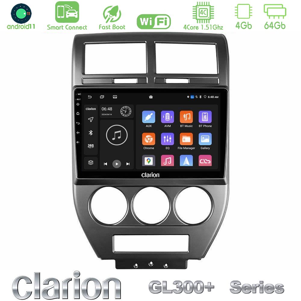Clarion GL300+ Series 4Core Android11 4+64GB  Jeep Compass/Patriot 2007-2008 Navigation Multimedia Tablet 10"