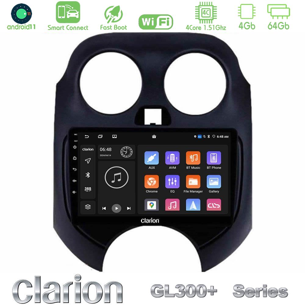 Clarion GL300+ Series 4Core Android11 4+64GB  Nissan Micra 2011-2014 Navigation Multimedia Tablet 9"