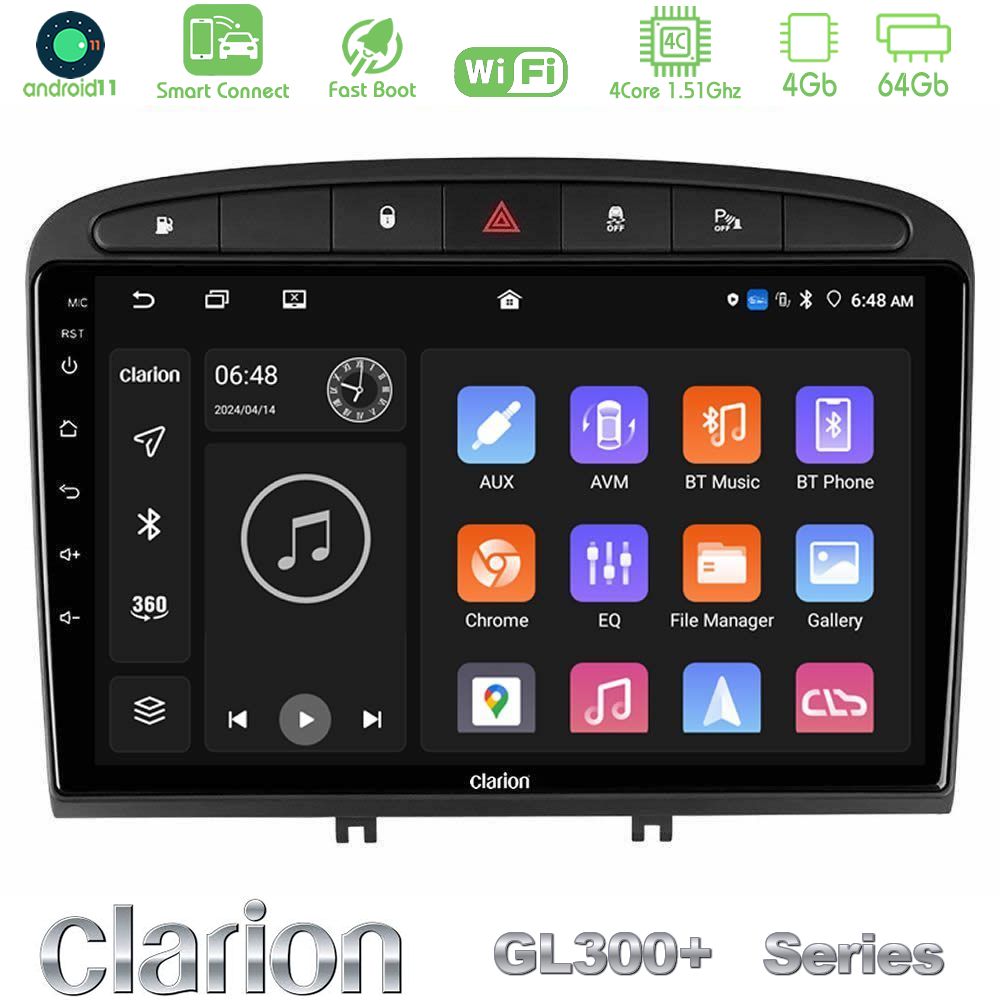 Clarion GL300+ Series 4Core Android11 4+64GB  Peugeot 308/RCZ Navigation Multimedia Tablet 9"