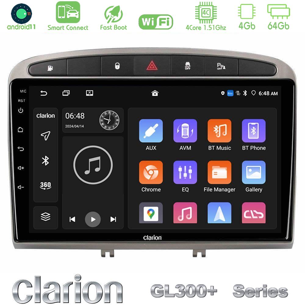 Clarion GL300+ Series 4Core Android11 4+64GB  Peugeot 308/RCZ Navigation Multimedia Tablet 9" (Ασημί Χρώμα)