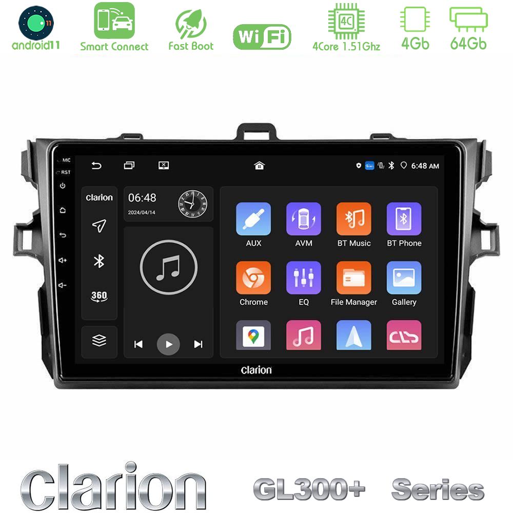 Clarion GL300+ Series 4Core Android11 4+64GB  Toyota Corolla 2007-2012 Navigation Multimedia Tablet 9"