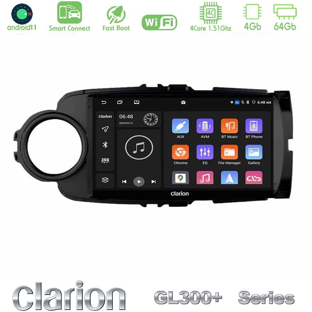 Clarion GL300+ Series 4Core Android11 4+64GB  Toyota Yaris Navigation Multimedia Tablet 9" (Μαύρο Χρώμα)
