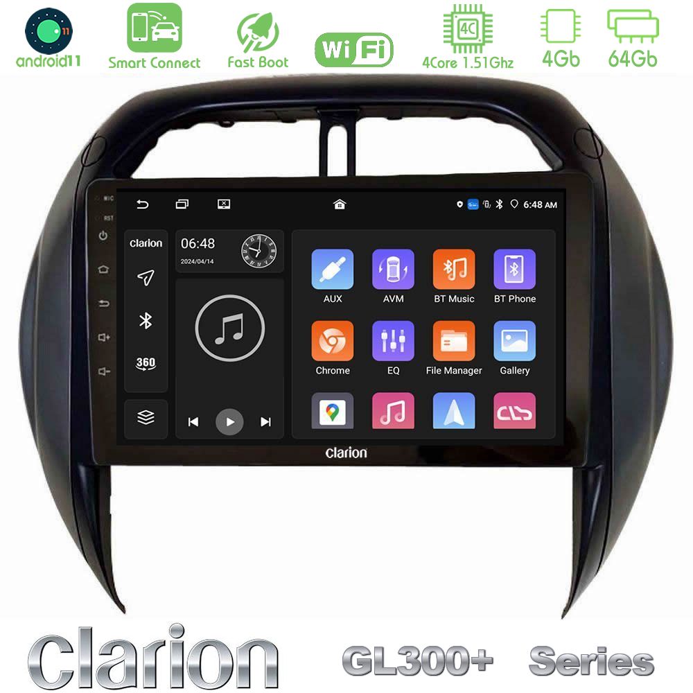Clarion GL300+ Series 4Core Android11 4+64GB  Toyota RAV4 2001-2005 (Auto A/C) Navigation Multimedia Tablet 9"