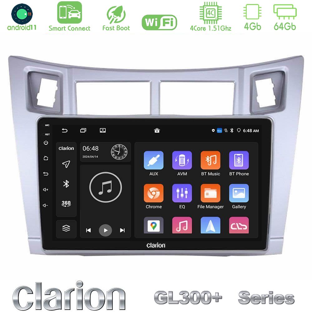 Clarion GL300+ Series 4Core Android11 4+64GB  Toyota Yaris Navigation Multimedia Tablet 9" (Ασημί Χρώμα)
