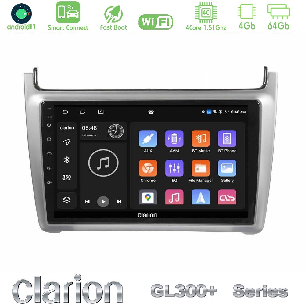 Clarion GL300+ Series 4Core Android11 4+64GB  Vw Polo 2014-2017 Navigation Multimedia Tablet 9"   (Silver)