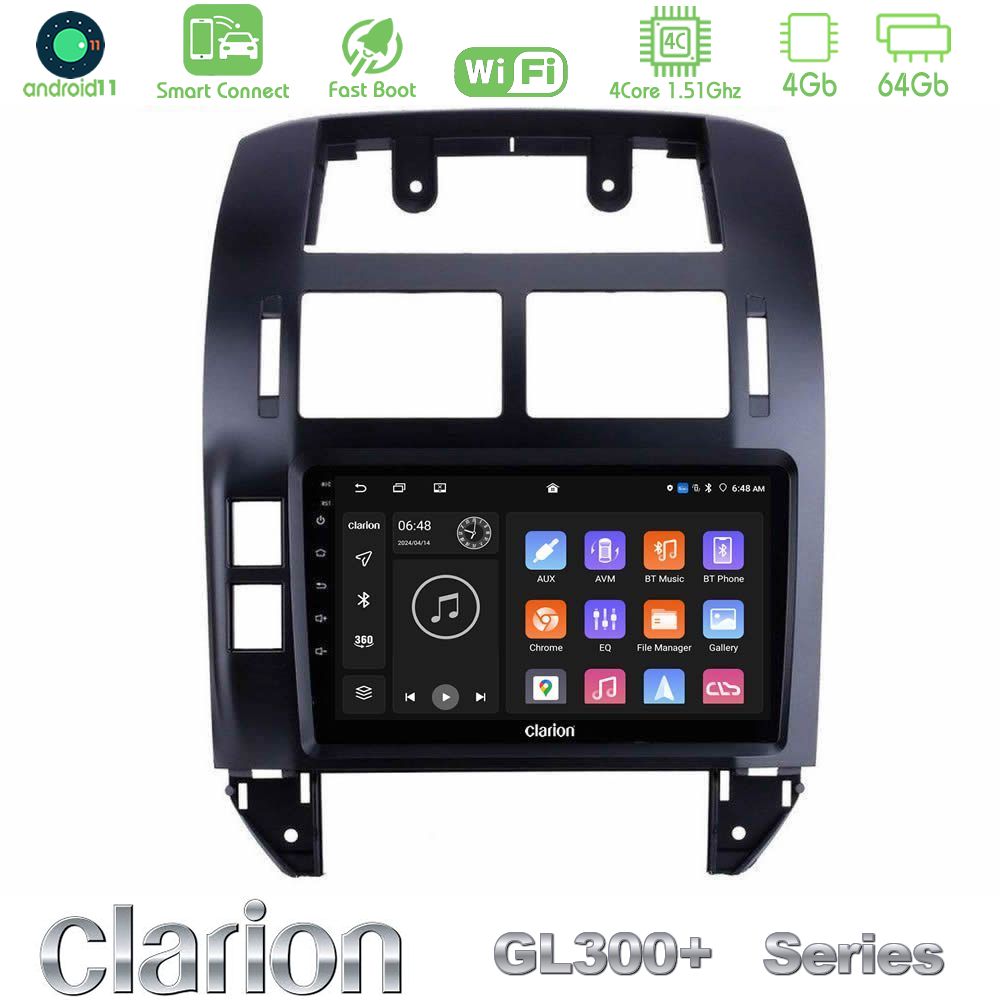 Clarion GL300+ Series 4Core Android11 4+64GB  VW Polo 2002-2009 Navigation Multimedia Tablet 9"