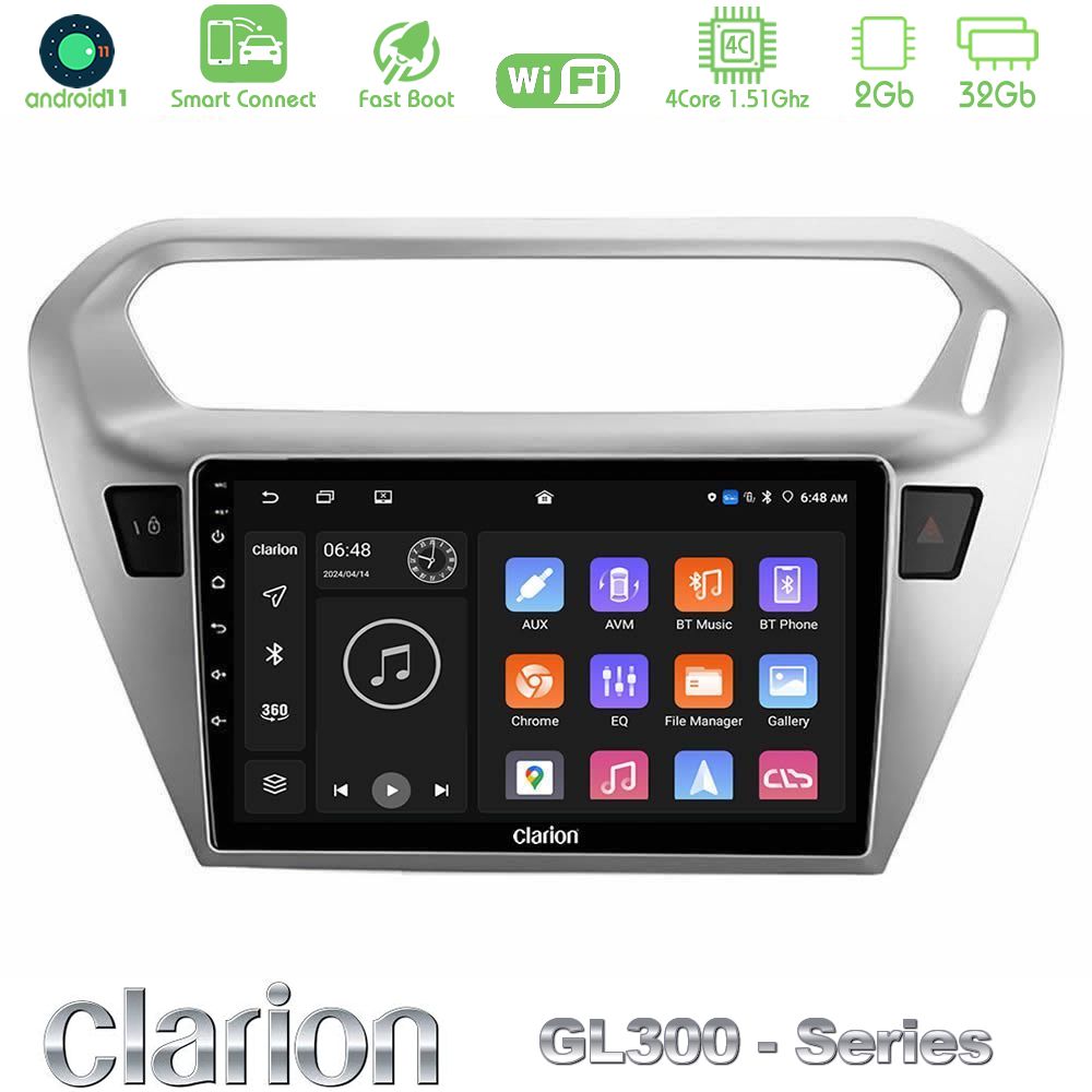 Clarion GL300 Series 4Core Android11 2+32GB Citroen C-Elysee / Peugeot 301 Navigation Multimedia Tablet 9" Με Carplay & Android Auto