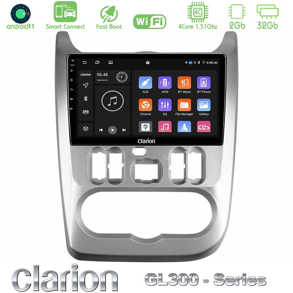 Clarion GL300 Series 4Core Android11 2+32GB Dacia Duster/Sandero/Logan Navigation Multimedia Tablet 9" Με Carplay & Android Auto