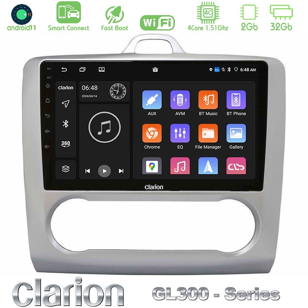Clarion GL300 Series 4Core Android11 2+32GB Ford Focus Auto AC Navigation Multimedia Tablet 9" Με Carplay & Android Auto