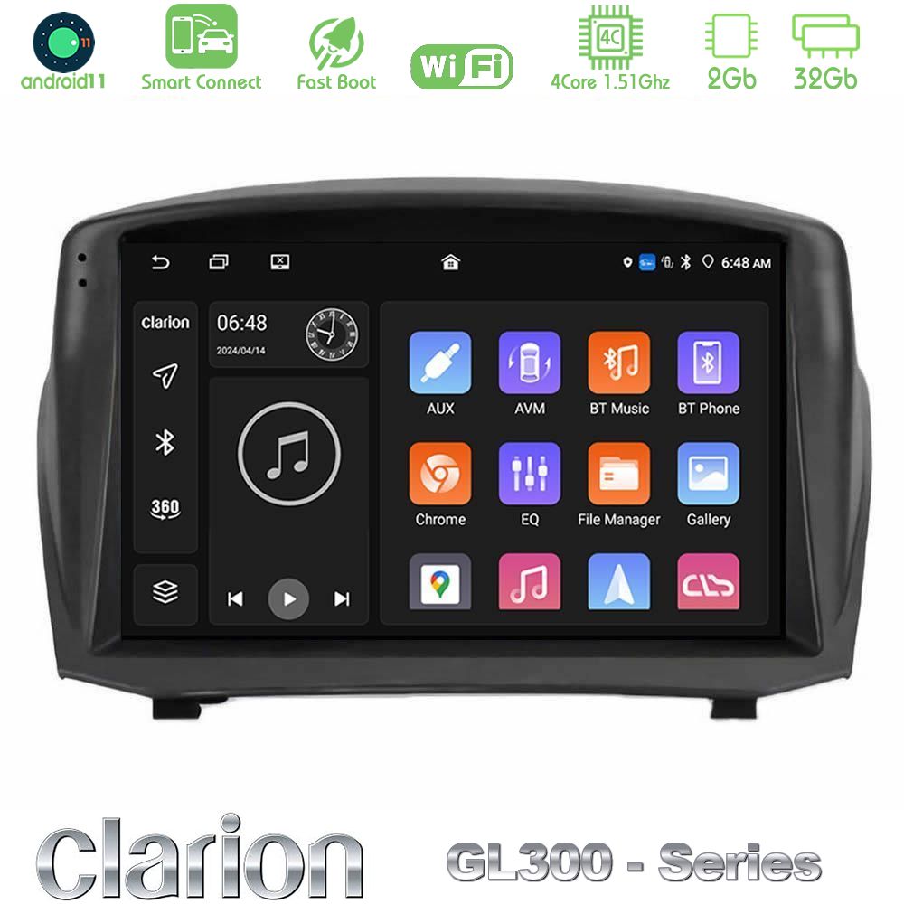 Clarion GL300 Series 4Core Android11 2+32GB Ford Fiesta 2008-2016 Navigation Multimedia Tablet 9" (Oem Style) Με Carplay & Android Auto