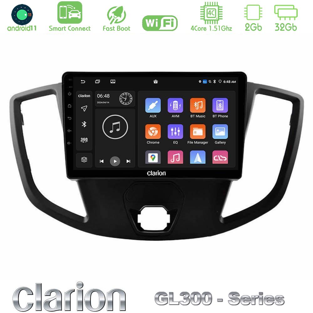 Clarion GL300 Series 4Core Android11 2+32GB Ford Transit 2014-> Navigation Multimedia Tablet 9" Με Carplay & Android Auto