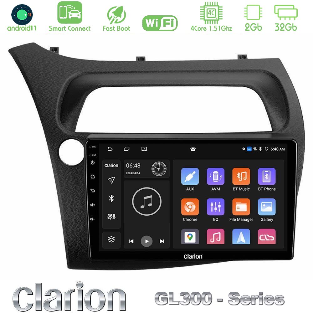 Clarion GL300 Series 4Core Android11 2+32GB Honda CiviC Hatchback 2006-2011 Navigation Multimedia Tablet 9" Με Carplay & Android Auto