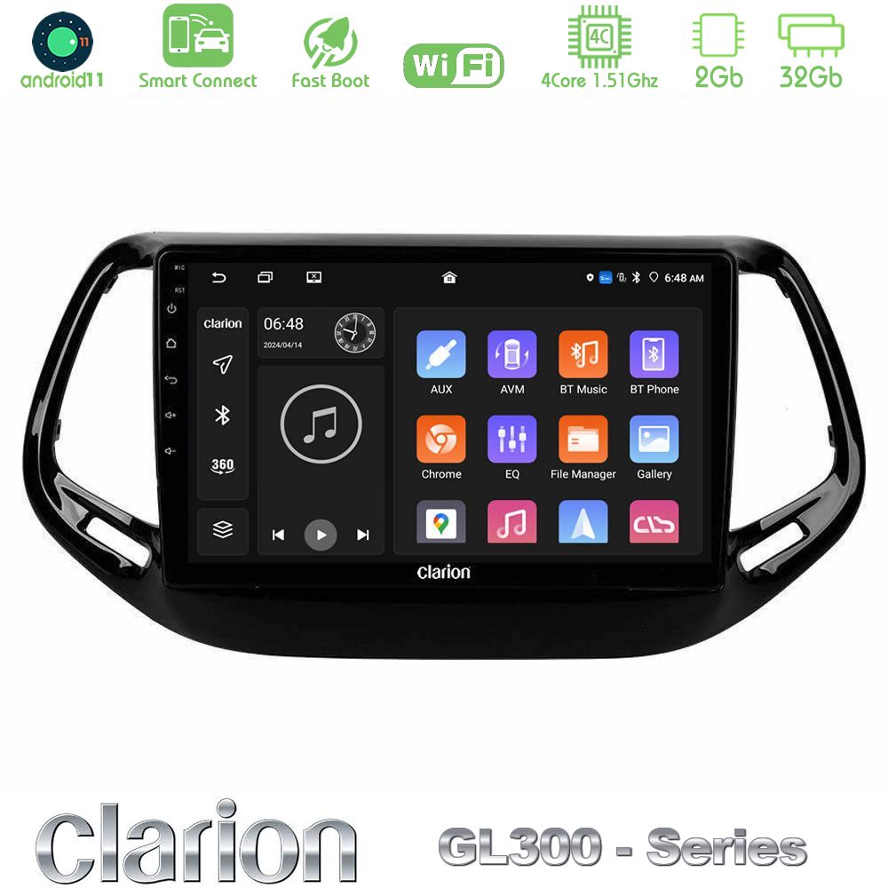 Clarion GL300 Series 4Core Android11 2+32GB Jeep Compass 2017> Navigation Multimedia Tablet 10" Με Carplay & Android Auto