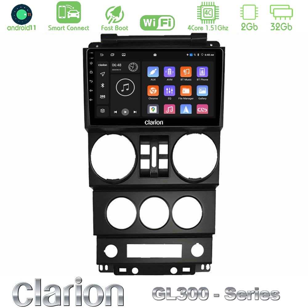 Clarion GL300 Series 4Core Android11 2+32GB Jeep Wrangler 2008-2010 Navigation Multimedia Tablet 9" Με Carplay & Android Auto