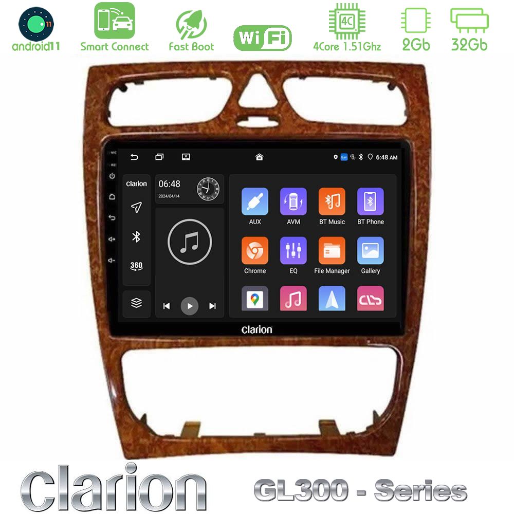 Clarion GL300 Series 4Core Android11 2+32GB Mercedes C Class (W203) Navigation Multimedia Tablet 9" (Wooden Style) Με Carplay & Android Auto