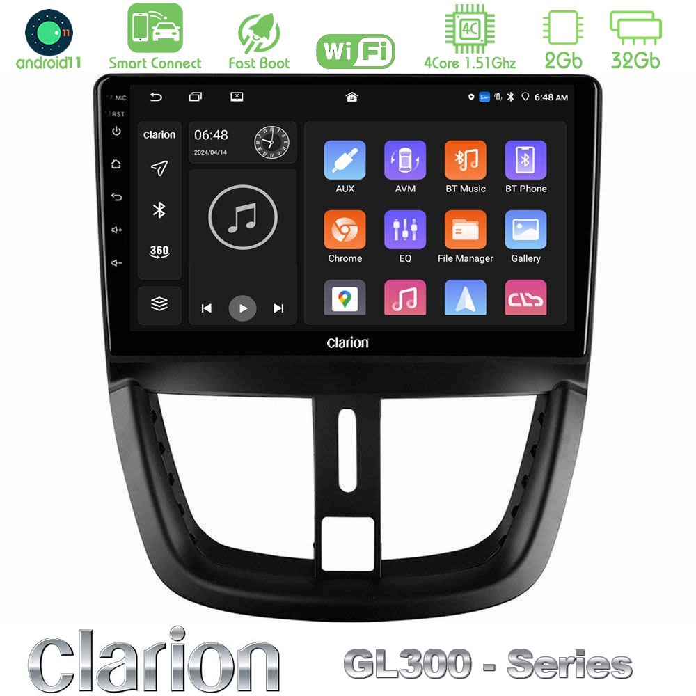 Clarion GL300 Series 4Core Android11 2+32GB Peugeot 207 Navigation Multimedia Tablet 9" Με Carplay & Android Auto
