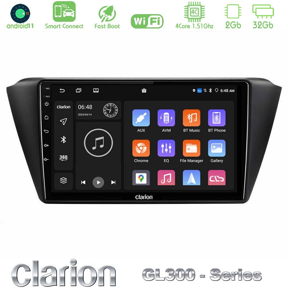 Clarion GL300 Series 4Core Android11 2+32GB Skoda Fabia 2015-2021 Navigation Multimedia Tablet 9" Με Carplay & Android Auto