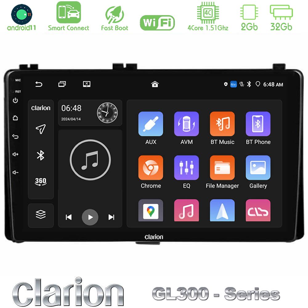 Clarion GL300 Series 4Core Android11 2+32GB Toyota Corolla/Auris 2017-2019  Navigation Multimedia Tablet 9" Με Carplay & Android Auto