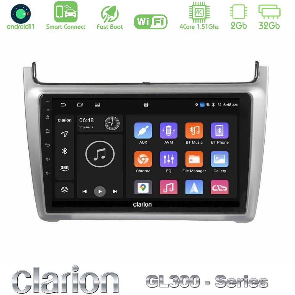 Clarion GL300 Series 4Core Android11 2+32GB Vw Polo 2014-2017 Navigation Multimedia Tablet 9" Με Carplay & Android Auto (Silver)