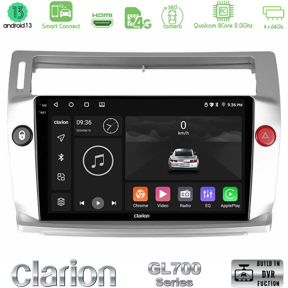 Clarion GL700 Series 8Core Android13 4+64GB Citroen C4 2004-2010 Navigation Multimedia Tablet 9" Με Carplay & Android Auto