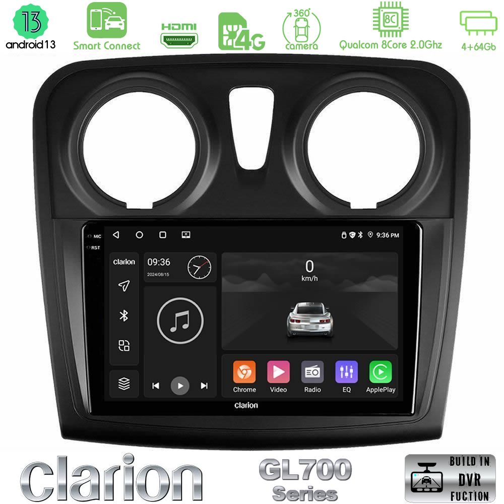 Clarion GL700 Series 8Core Android13 4+64GB Dacia Dokker 2014-2021 Navigation Multimedia Tablet 9" Με Carplay & Android Auto