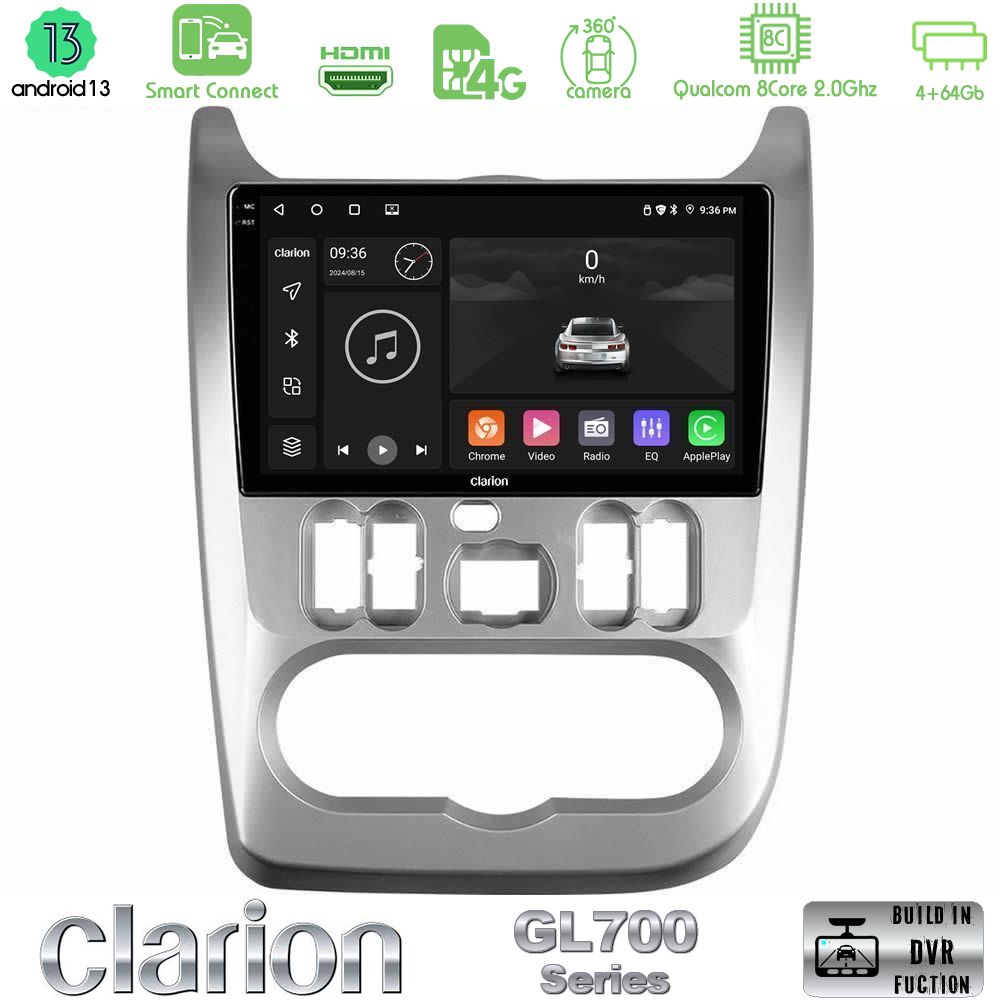 Clarion GL700 Series 8Core Android13 4+64GB Dacia Duster/Sandero/Logan Navigation Multimedia Tablet 9" Με Carplay & Android Auto