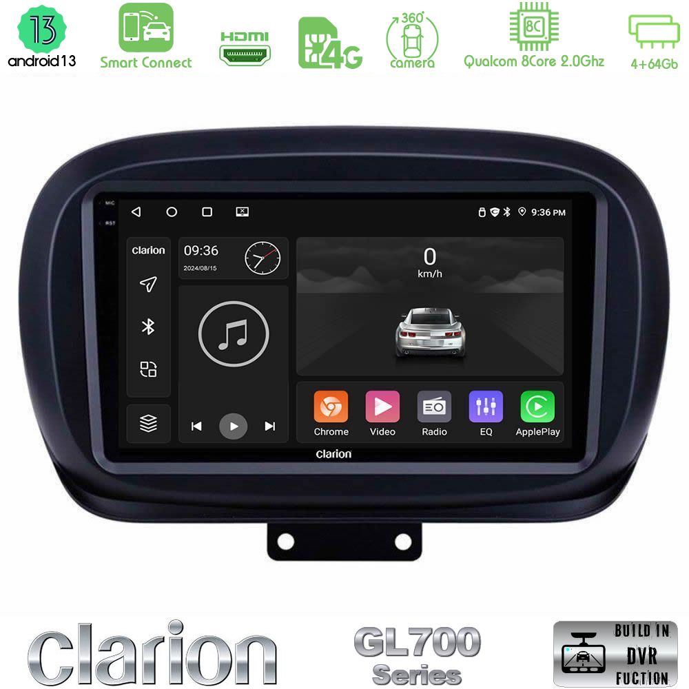 Clarion GL700 Series 8Core Android13 4+64GB Fiat 500X Navigation Multimedia Tablet 9" Με Carplay & Android Auto