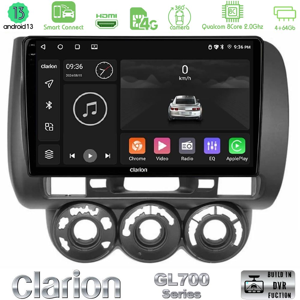 Clarion GL700 Series 8Core Android13 4+64GB Honda Jazz (Fit) 2002-2008 (RHD) Manual A/C Navigation Multimedia Tablet 9" Με Carplay & Android Auto