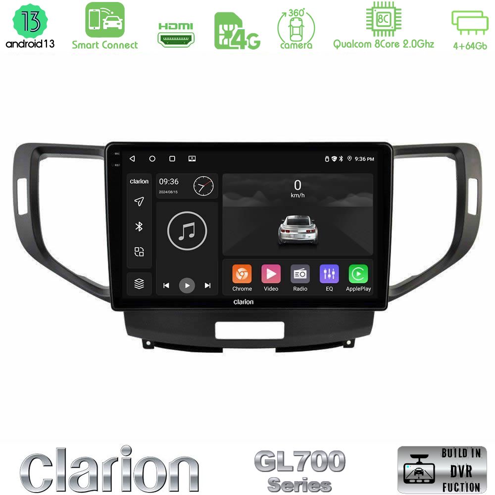 Clarion GL700 Series 8Core Android13 4+64GB Honda Accord 2008-2015 Navigation Multimedia Tablet 9" Με Carplay & Android Auto