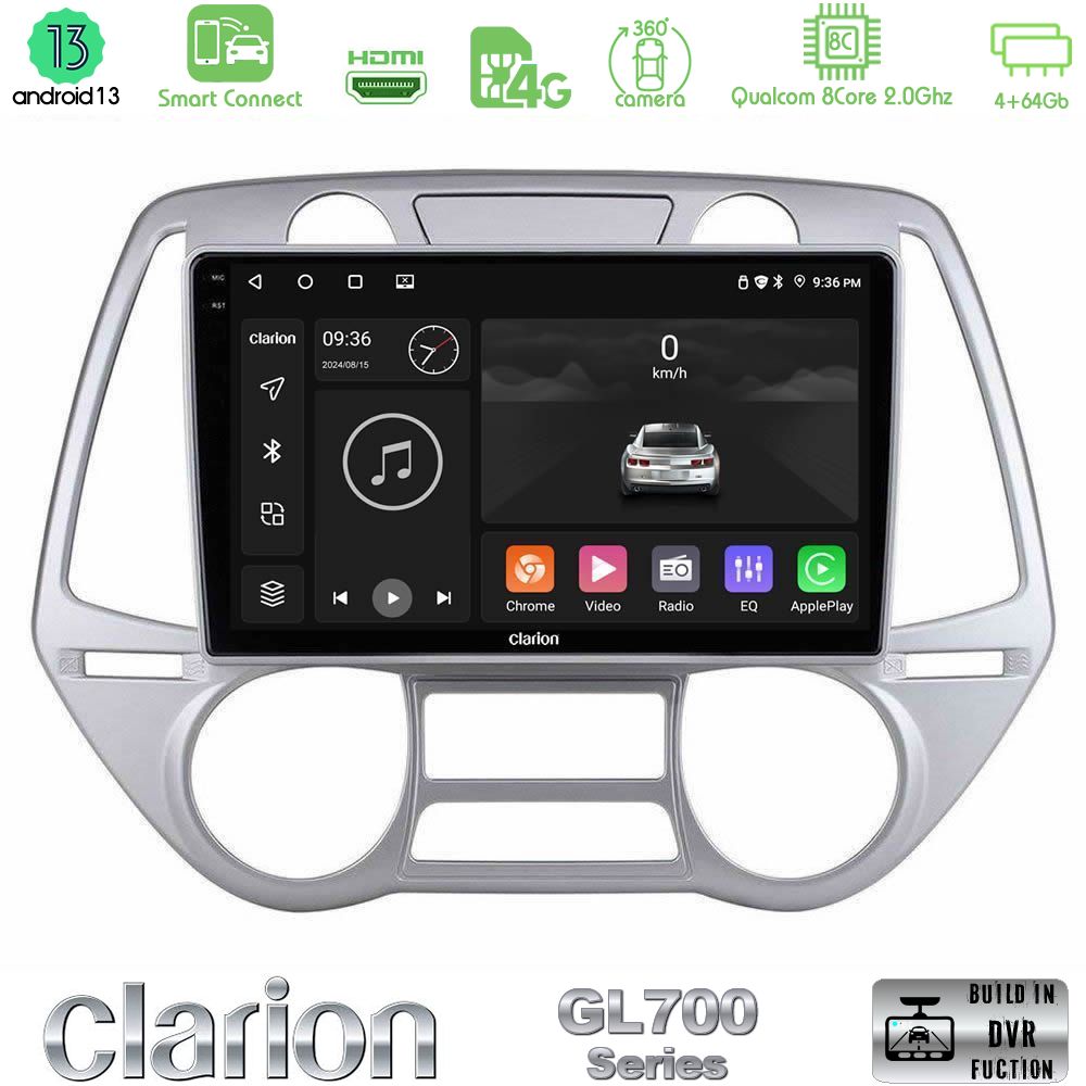 Clarion GL700 Series 8Core Android13 4+64GB Hyundai i20 2009-2012 Auto A/C Navigation Multimedia Tablet 9" Με Carplay & Android Auto