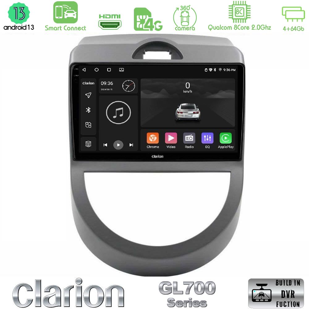 Clarion GL700 Series 8Core Android13 4+64GB Kia Soul 2009-2011 Navigation Multimedia Tablet 9" Με Carplay & Android Auto