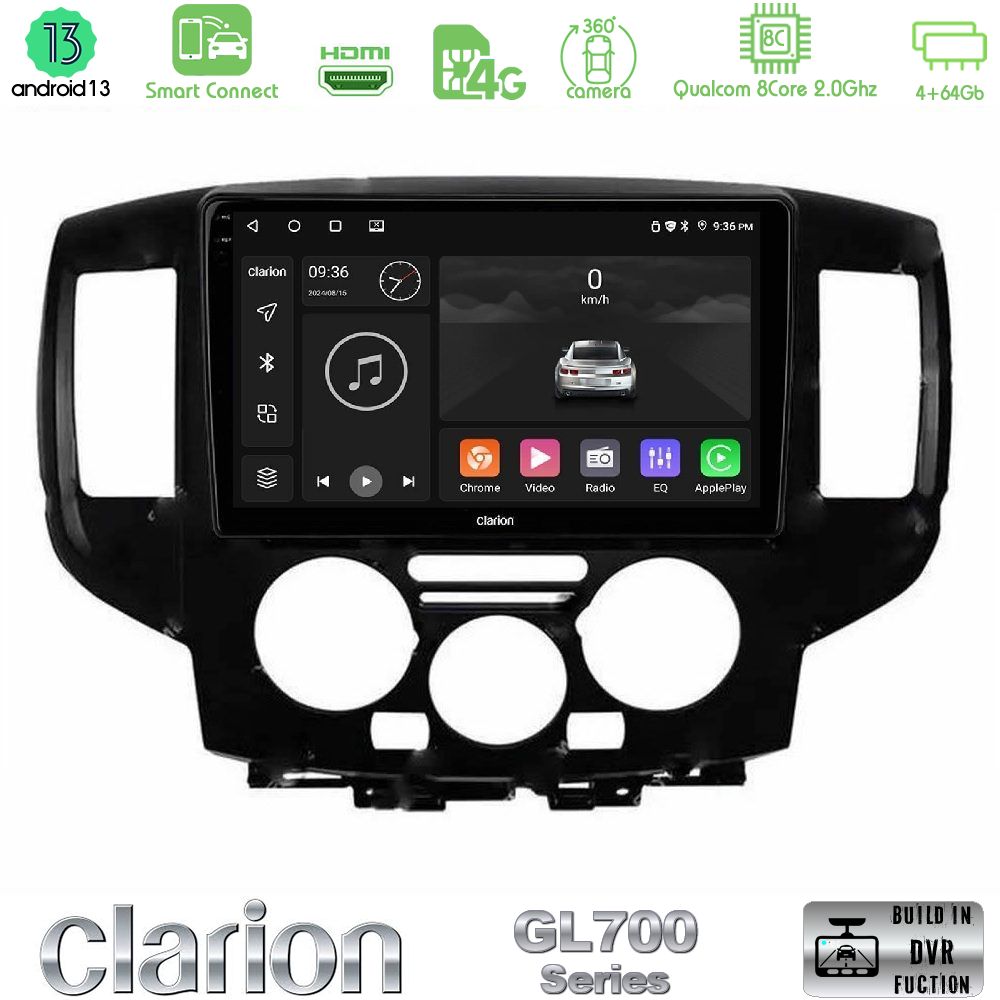 Clarion GL700 Series 8Core Android13 4+64GB Nissan NV200 2009 – 2019 Navigation Multimedia Tablet 9" Με Carplay & Android Auto (Μαύρο)