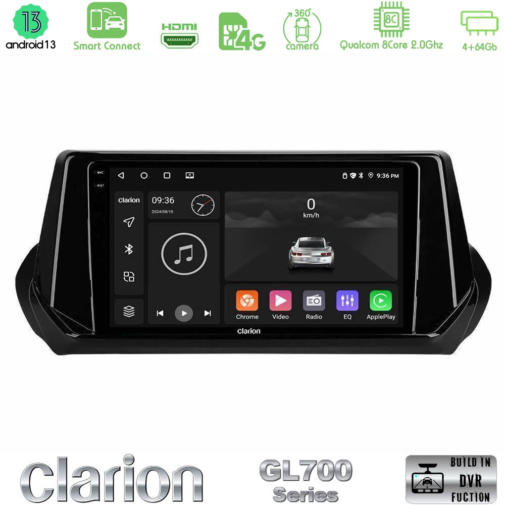 Clarion GL700 Series 8Core Android13 4+64GB Peugeot 208 2019-2023 Navigation Multimedia Tablet 9" Με Carplay & Android Auto