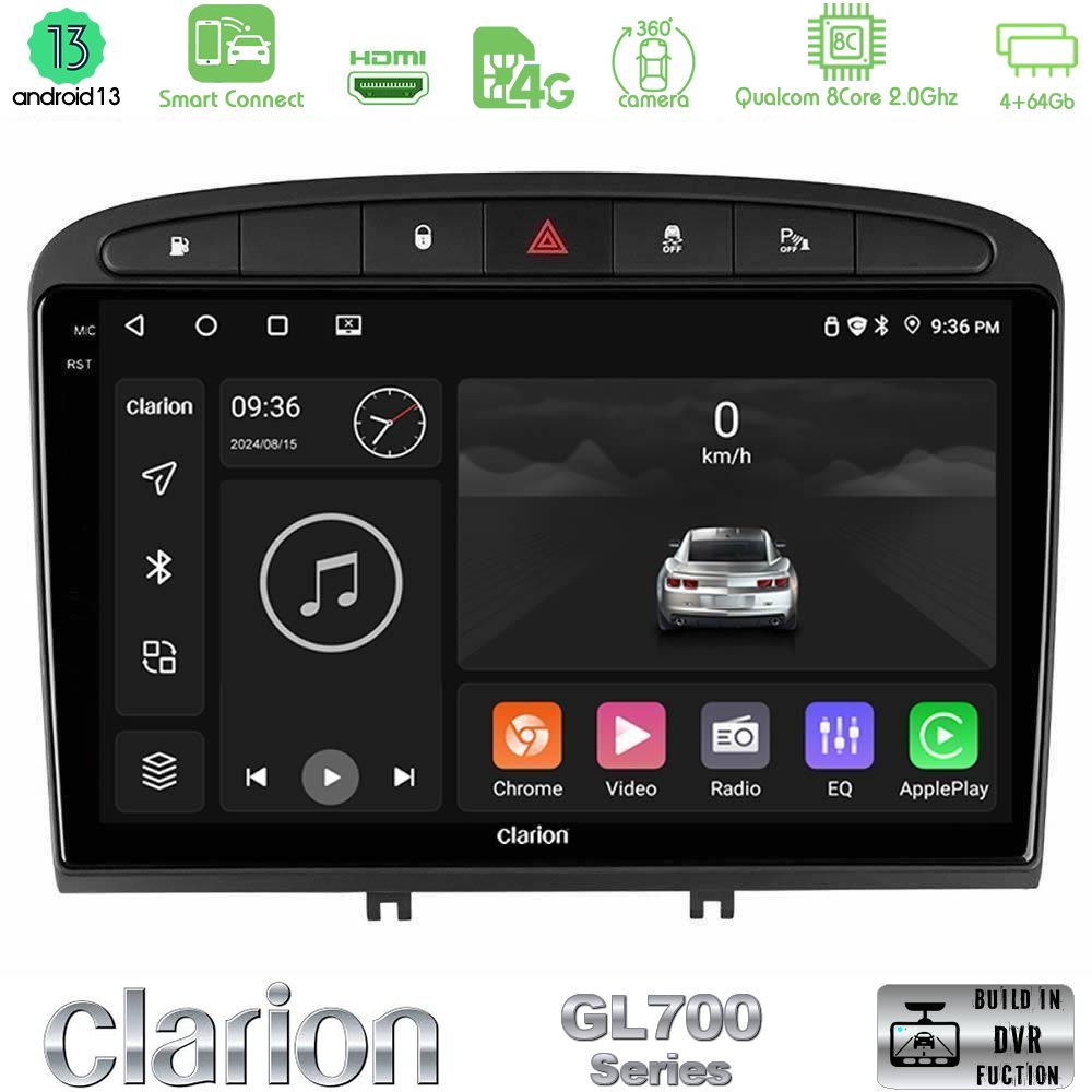 Clarion GL700 Series 8Core Android13 4+64GB Peugeot 308/RCZ Navigation Multimedia Tablet 9" Με Carplay & Android Auto