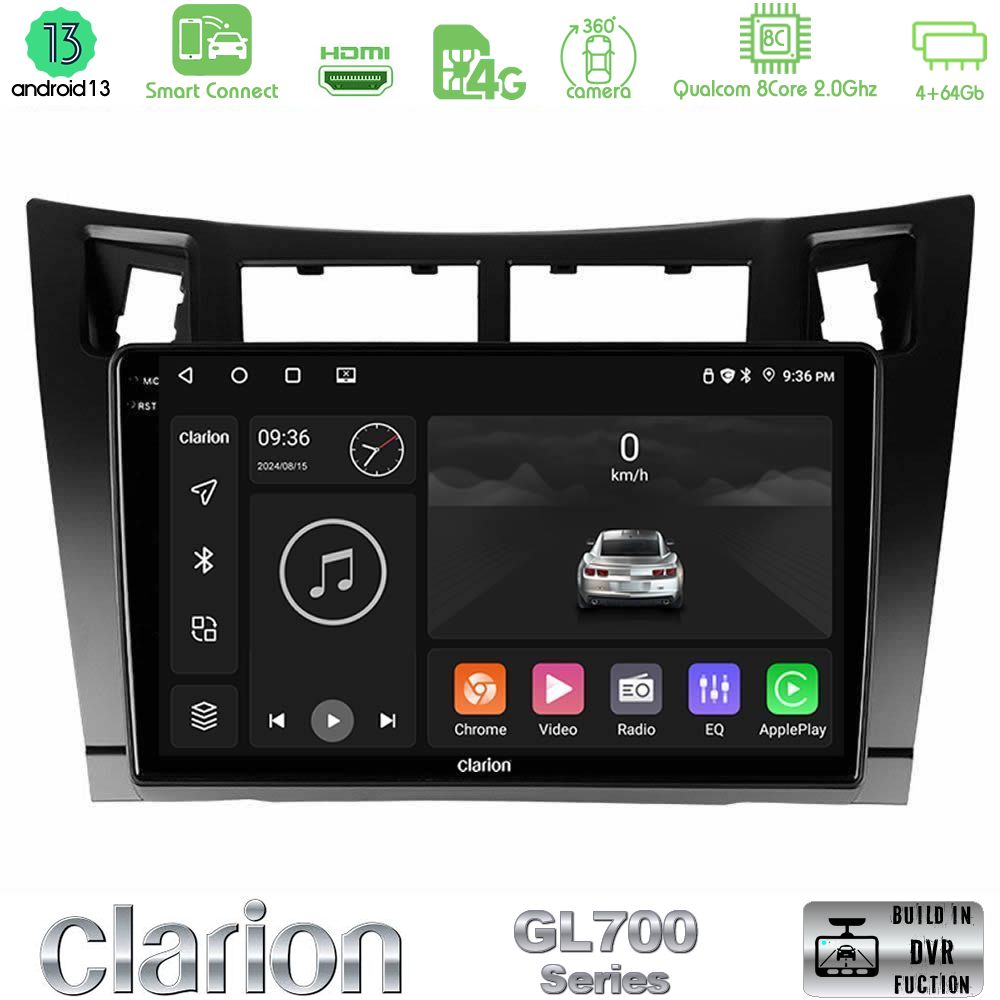 Clarion GL700 Series 8Core Android13 4+64GB Toyota Yaris Navigation Multimedia Tablet 9" (Μαύρο Χρώμα) Με Carplay & Android Auto