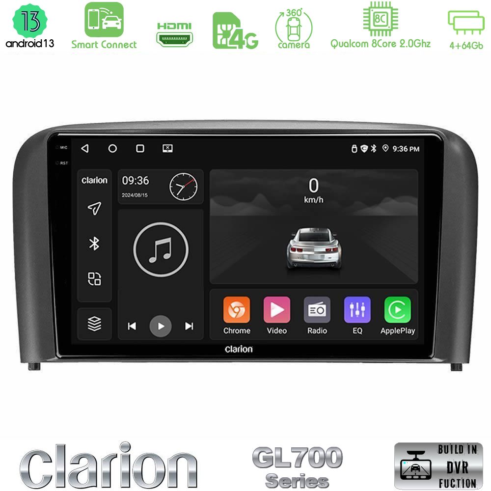 Clarion GL700 Series 8Core Android13 4+64GB Volvo S80 1998-2006 Navigation Multimedia Tablet 9" Με Carplay & Android Auto